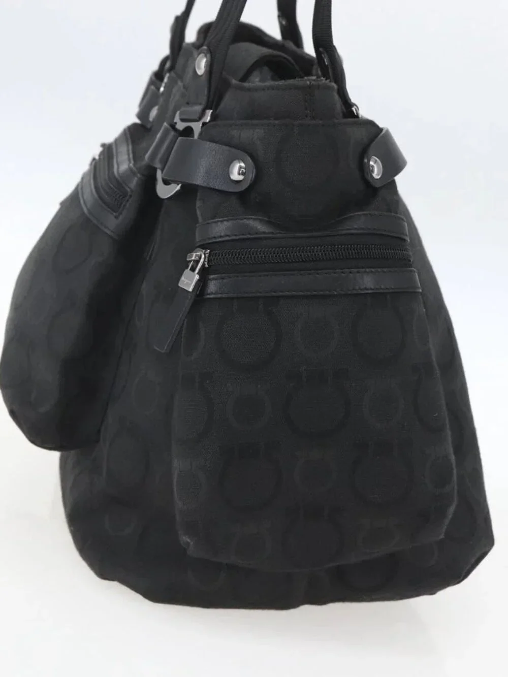 Salvatore Ferragamo Gancini Tote Bag Nylon Black Silver Auth BA9401